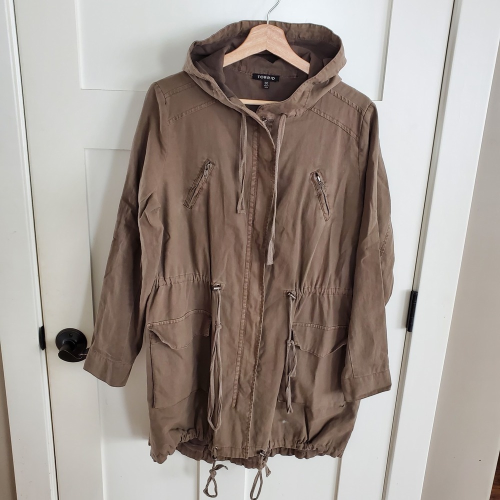 Linen Cotton Twill Utility Jacket Womens M/L Mid Length Large Pockets Adjustable